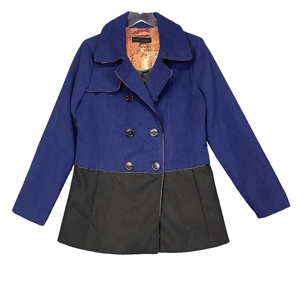 Steve Madden Navy Black Double Breasted Pea Coat Jacket Fits S/M